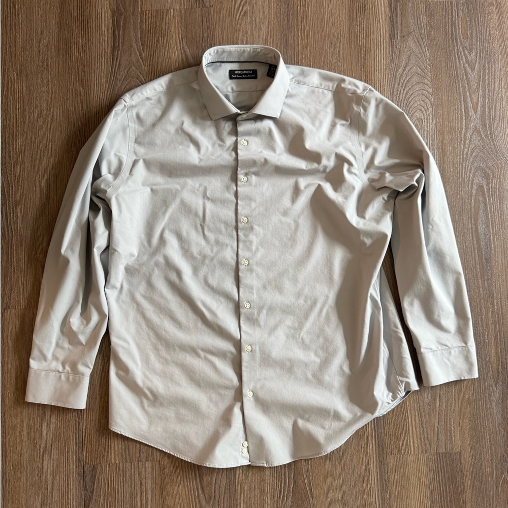 Nordstrom Tech-Smart Extra Trim Fit Stretch Dress Shirt, Gray, 17.5 34/35